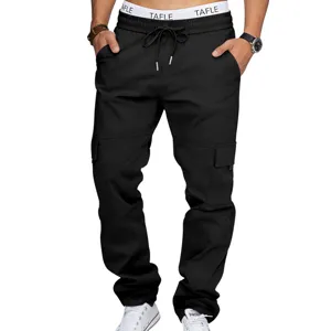 Close-up of men's black cargo pants with multi pockets, drawstring waist and elastic cuffs.