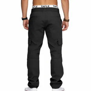 Men's black tactical cargo pants with multi pockets and elastic waistband casual streetwear style.