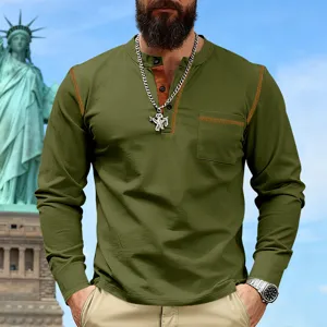 Men Long Sleeve Henley Shirt Olive Green Casual Polo Top with Chest Pocket Spring