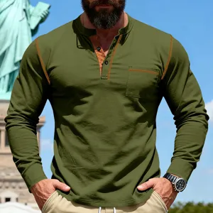 Detail view of olive green long sleeve henley shirt with contrast stitching and chest pocket.