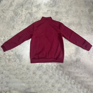 Men's solid maroon half-zip stand collar sweatshirt back view detail shot, casual style.
