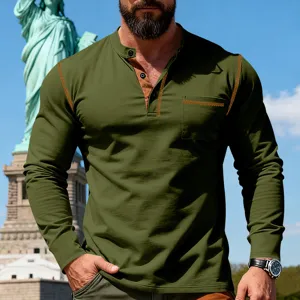 Men's long sleeve military green Henley t-shirt with contrast stitching and chest pocket.