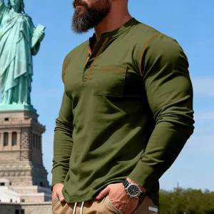 Men's vintage contrast stitching long sleeve henley t-shirt in army green casual top