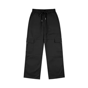 Men's black casual cargo pants with multiple utility pockets, elastic drawstring waist.
