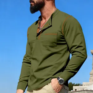 Men's long sleeve henley t-shirt casual vintage contrast stitching outdoor casual pullover top