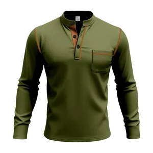 Men's long sleeve olive green henley shirt with contrast stitching and chest pocket.