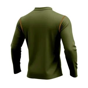 Back view of long-sleeve standing collar polo shirt with contrast stitching in army green.