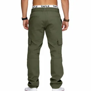 Men's green cargo pants with multi-pocket casual tactical trousers detail back view look