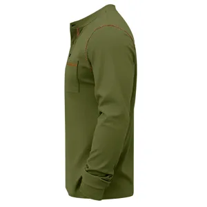Men's casual long sleeve henley shirt, olive green retro contrast stitch pullover top.