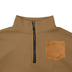 Men's fleece half-zip sweatshirt detail, casual stand collar pullover with chest pocket.