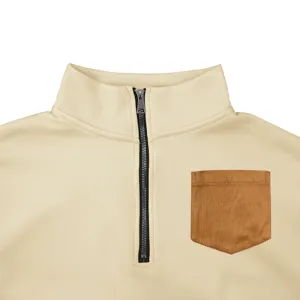 Men's half zip stand collar fleece sweatshirt detail view, brown chest pocket, beige.