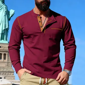 Detail view of men's long sleeve henley shirt, burgundy with contrast tan trim.