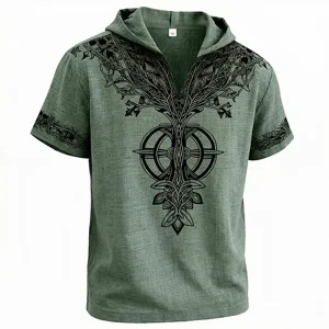 Camiseta verde de manga corta con capucha para hombre estampado árbol tribal
