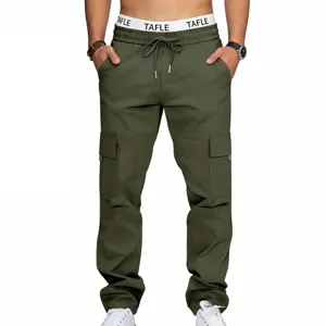 Men's army green cargo pants multi-pocket twill casual trousers for daily active wear