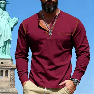 Men vintage contrast long sleeve henley t shirt casual outdoor regular fit detail view