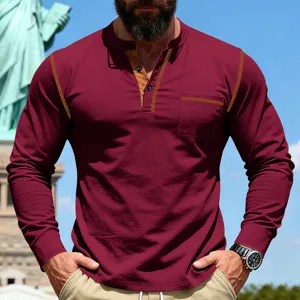 Men's long sleeve henley t-shirt casual contrast stitching pullover top for spring.