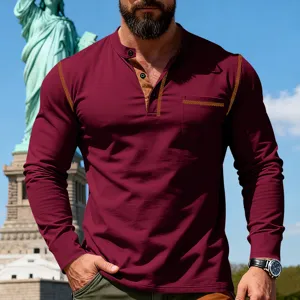 Men's long sleeve henley shirt, stylish stand collar design with button placket and chest pocket.
