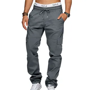Men grey cargo pants casual sports twill multi-pocket trousers with drawstring waist.