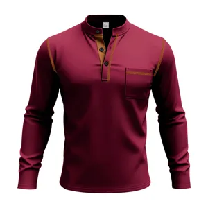Men's long sleeve stand collar polo shirt casual basic tee burgundy top stylish wear