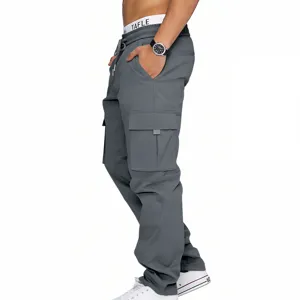 Men's dark grey cargo pants casual utility trousers multi-pocket streetwear