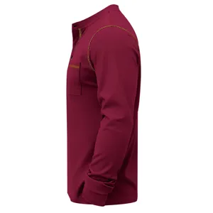 Detailed side view of the vintage maroon men's long-sleeve Henley shirt with shoulder trim.
