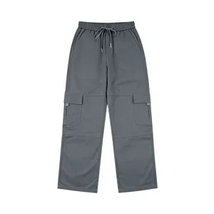Men's grey casual cargo pants with elastic drawstring waist and multi-pockets detail.