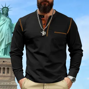 Men's casual long sleeve henley shirt with chest pocket and contrast stitching style.