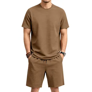 Men summer textured short sleeve t-shirt and shorts set casual loose outfit streetwear.