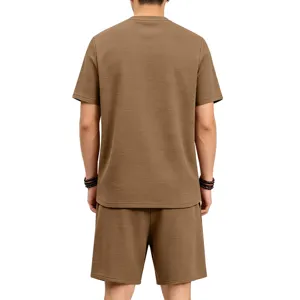 Men's textured short sleeve t-shirt and shorts set summer casual streetwear breathable outfit.