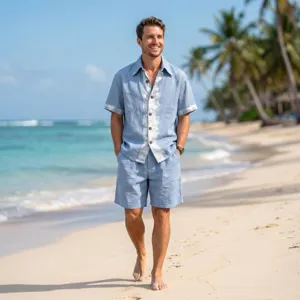 Detailed view of men's light blue linen short-sleeve shirt and shorts set on a beach background.