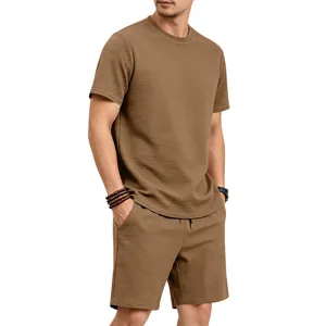 Men's summer textured short sleeve shorts casual set, breathable fabric, comfortable loose fit.