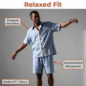 Detail view of men's casual linen short sleeve shirt and shorts set, relaxed fit and breathable.