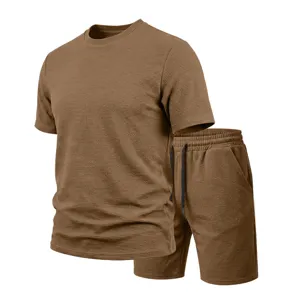 Detailed view of the brown textured short sleeve t-shirt and matching shorts set fabric.