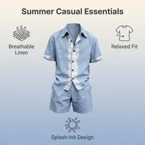 Men summer casual linen short sleeve shirt and shorts set breathable splash ink design outfit