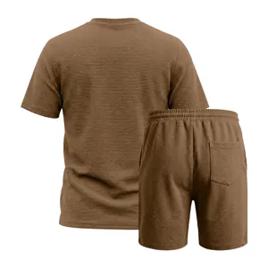 Detailed back view of the brown textured men summer casual short sleeve and shorts outfit set.