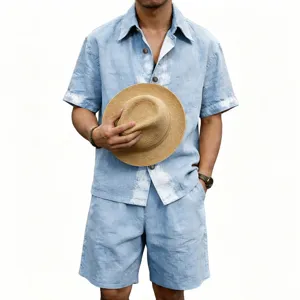 Detailed view of men's casual linen short sleeve shirt and shorts set, breathable summer outfit.
