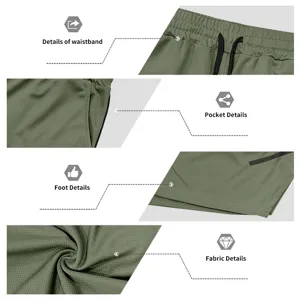 Close-up detail of mens quick dry mesh sports shorts showing waistband pocket and fabric texture
