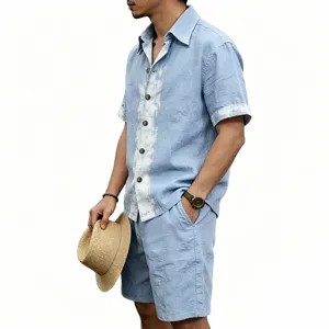 Detailed view of men casual summer linen short sleeve shirt and shorts two-piece set.