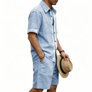 Men's summer linen short sleeve shirt and shorts casual two-piece set in light blue detail.