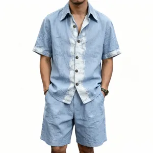 Detailed view of the casual summer linen men's set featuring a short-sleeve shirt and shorts.