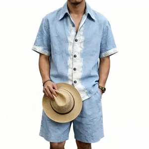 Men casual linen short sleeve shirt and shorts set summer two piece outfit with hat