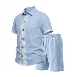 Men summer linen casual short sleeve shirt and shorts two piece set light blue beach outfits