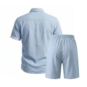 Men's casual summer light blue short sleeve shirt and shorts linen two piece set detail view.