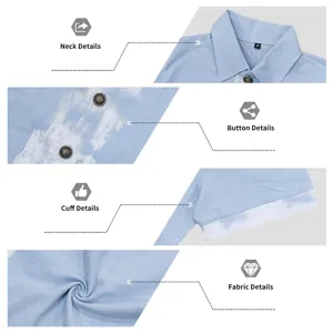 Men's casual light blue linen short sleeve shirt details showing collar cuff and buttons.