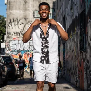 Summer mens linen short sleeve shirt and shorts set with tie-dye front placket detail.