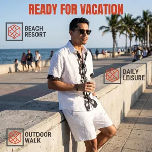 Men summer linen short sleeve shirt and shorts casual beach two piece vacation outfit