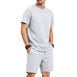 Detailed view of the casual textured short sleeve t-shirt and matching shorts set for men.