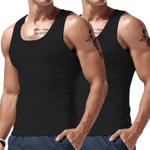 Men's black sleeveless tank top, slim fit workout gym athletic sports undershirt base layer.