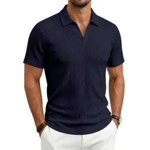 Polo de hombre azul oscuro acanalado cuello en V manga corta camiseta casual de negocios