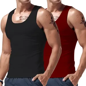 Close-up view of men's solid color slim fit sleeveless sports tank top in black and red.